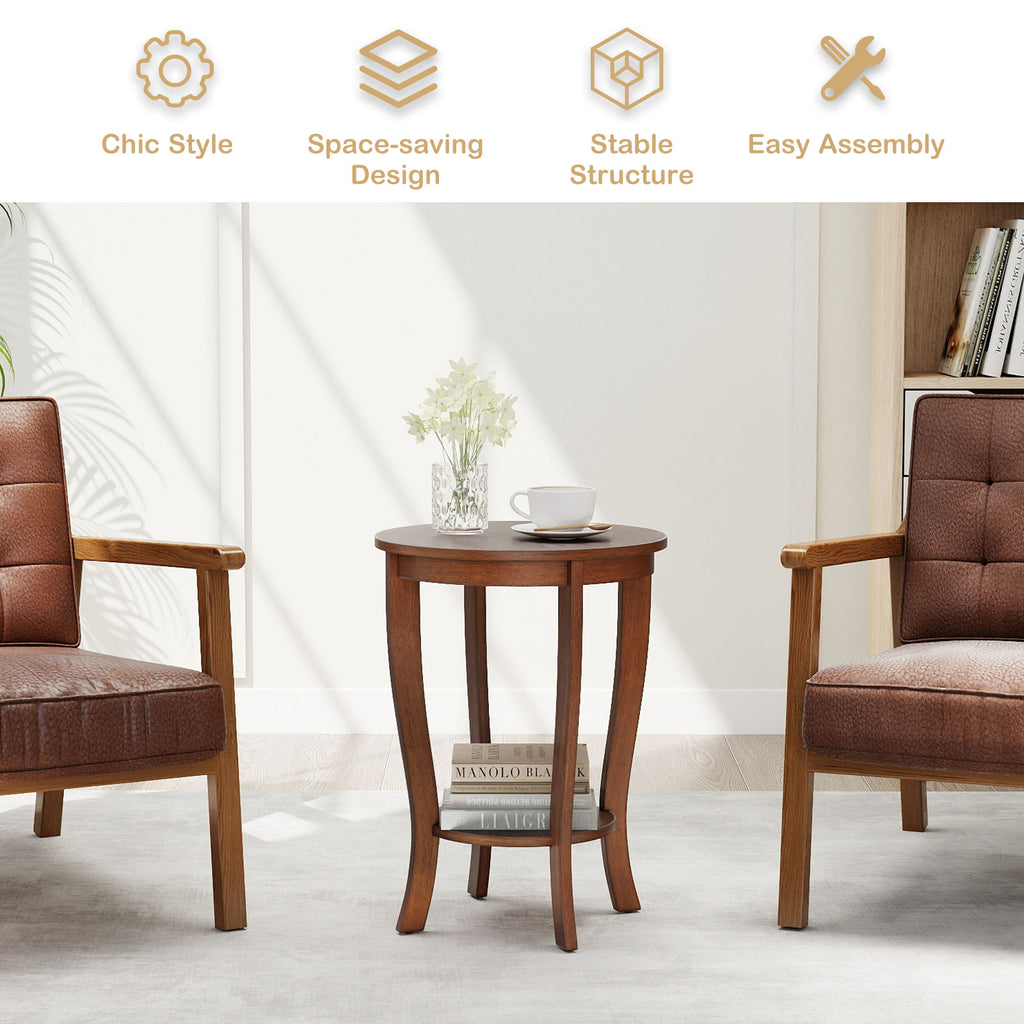 2-Tier Round End Table with Wood Legs – Walnut