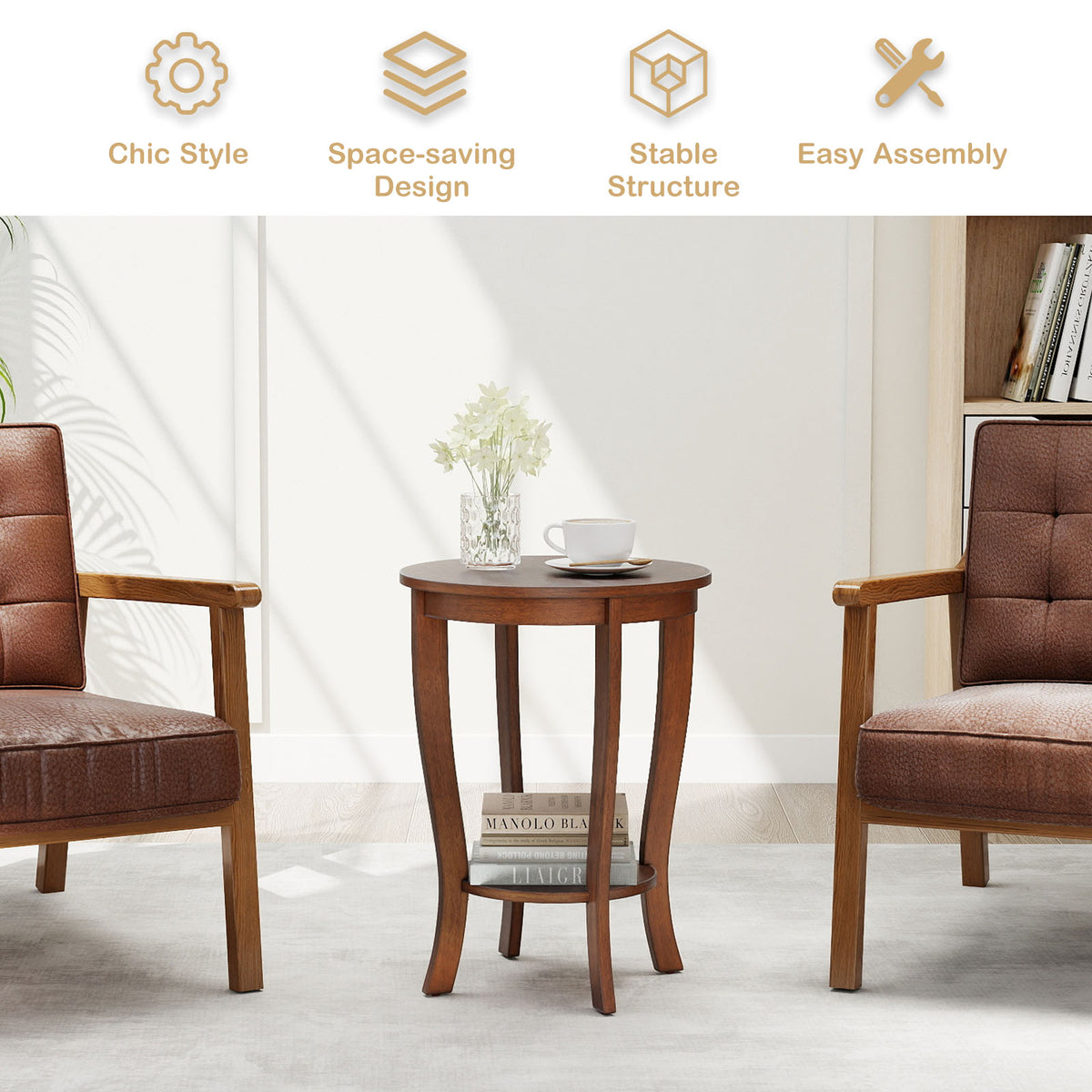 2-Tier Round End Table with Wood Legs – Walnut