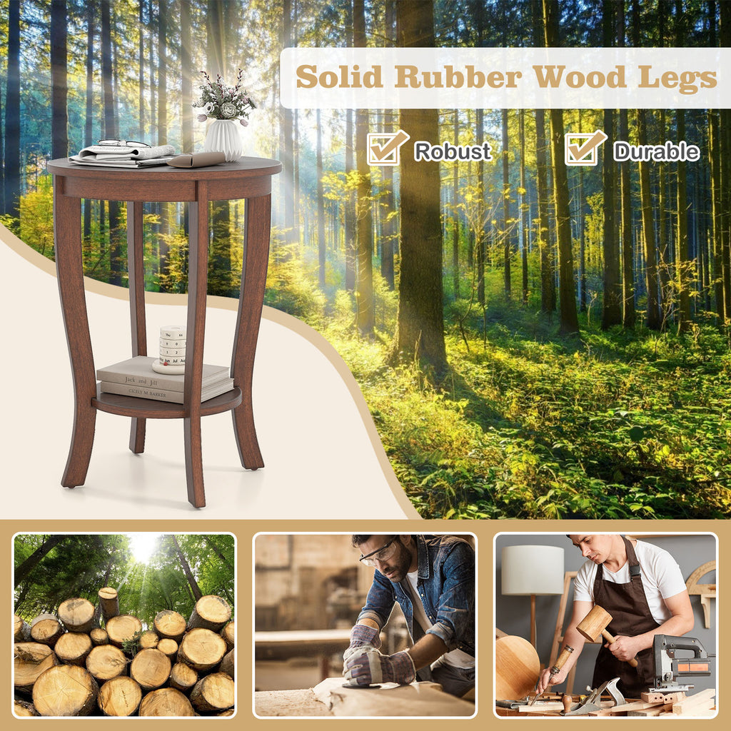 2-Tier Round End Table with Wood Legs – Walnut