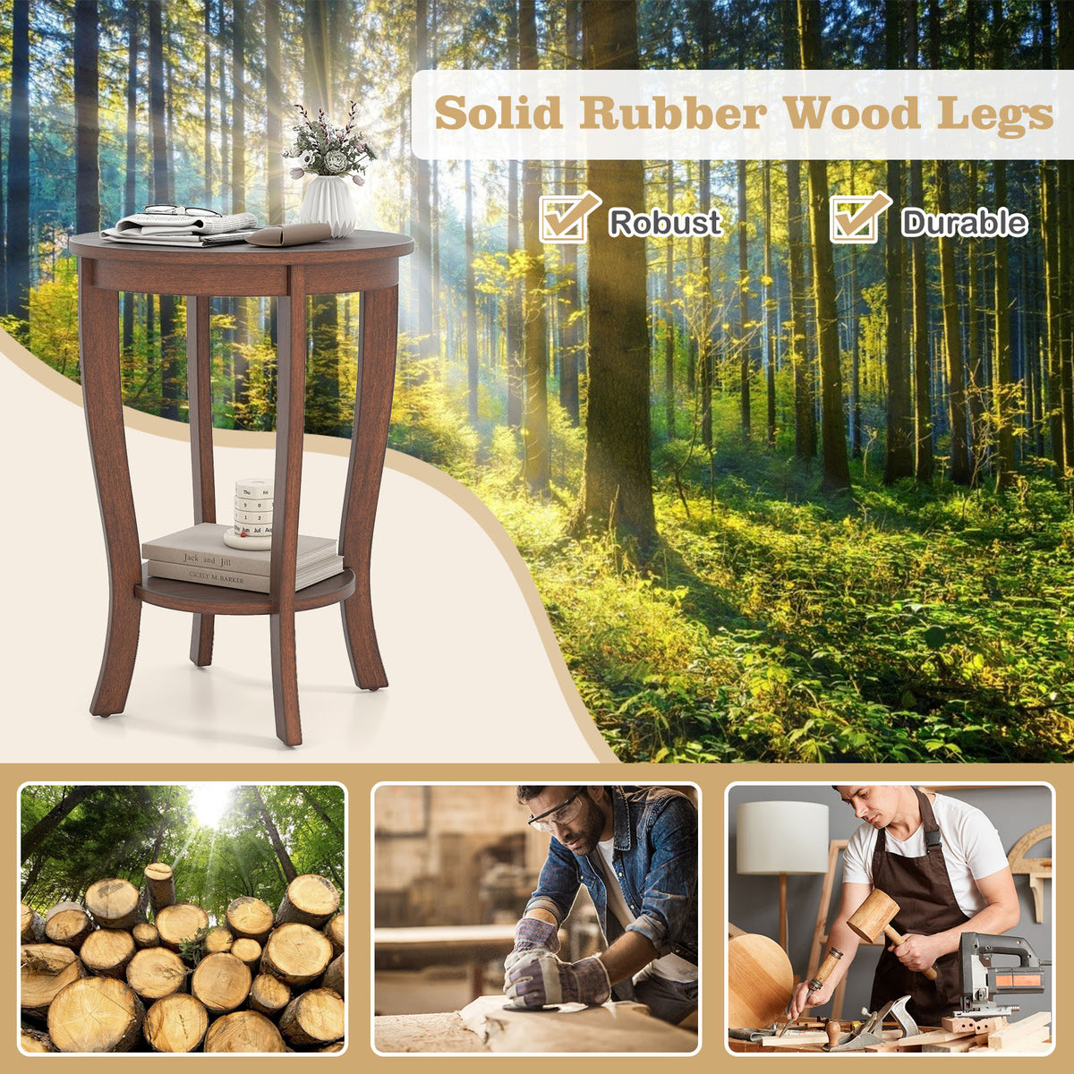 2-Tier Round End Table with Wood Legs – Walnut