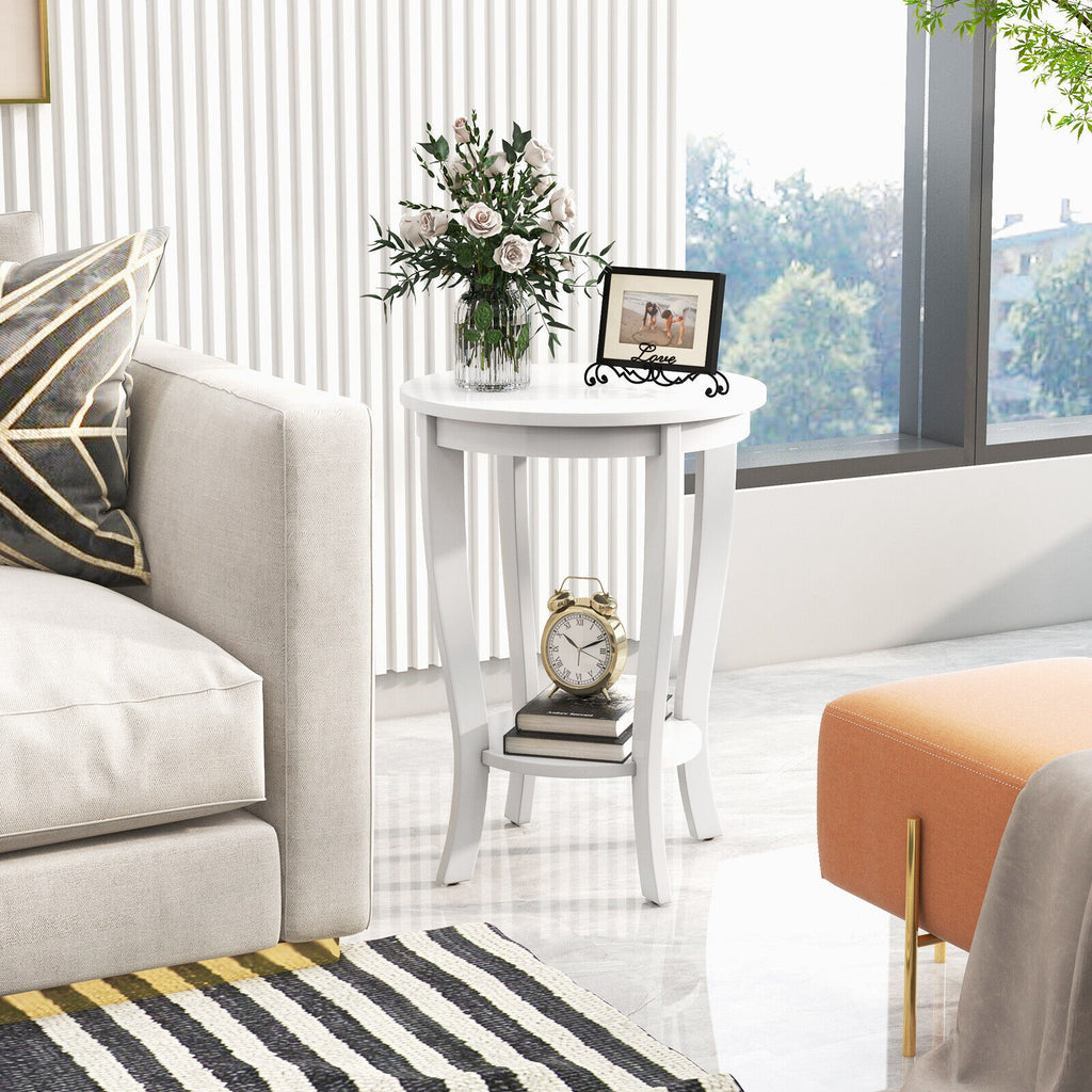 2-Tier Round End Table with Wood Legs, White