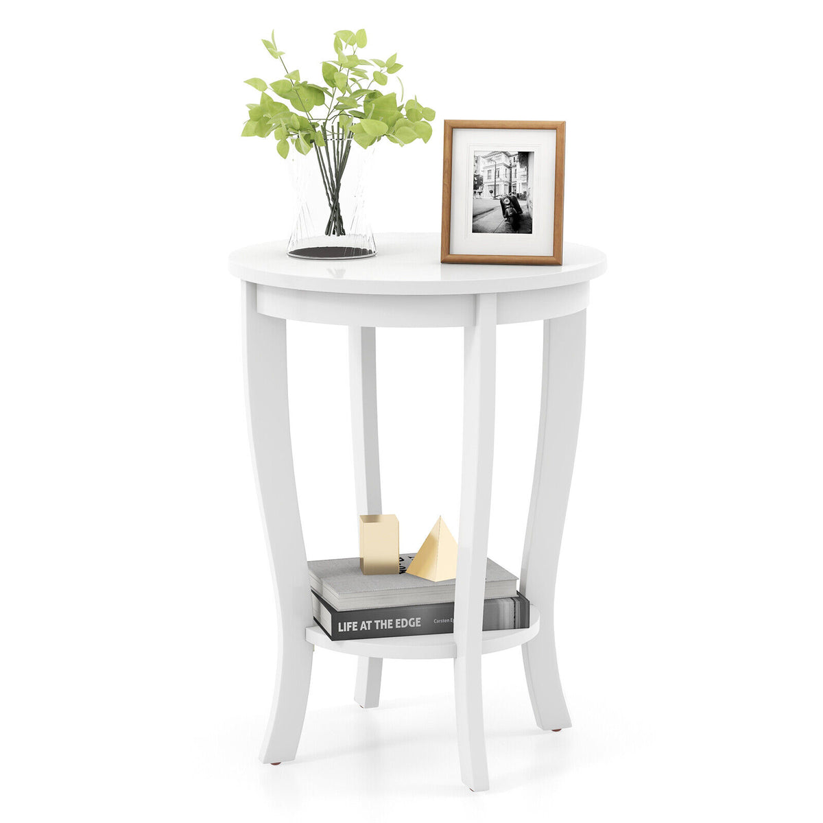 2-Tier Round End Table with Wood Legs, White