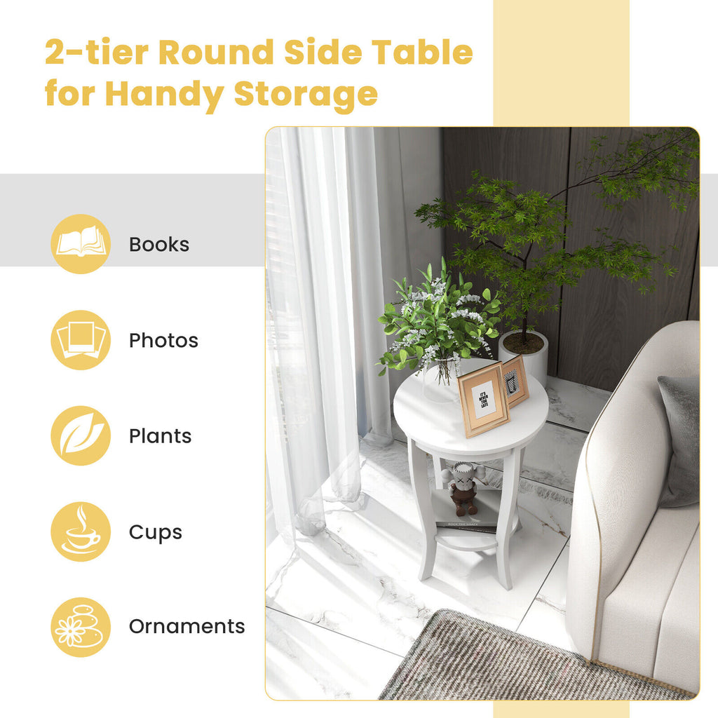 2-Tier Round End Table with Wood Legs, White