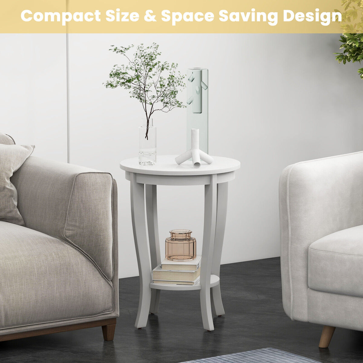 2-Tier Round End Table with Wood Legs, White