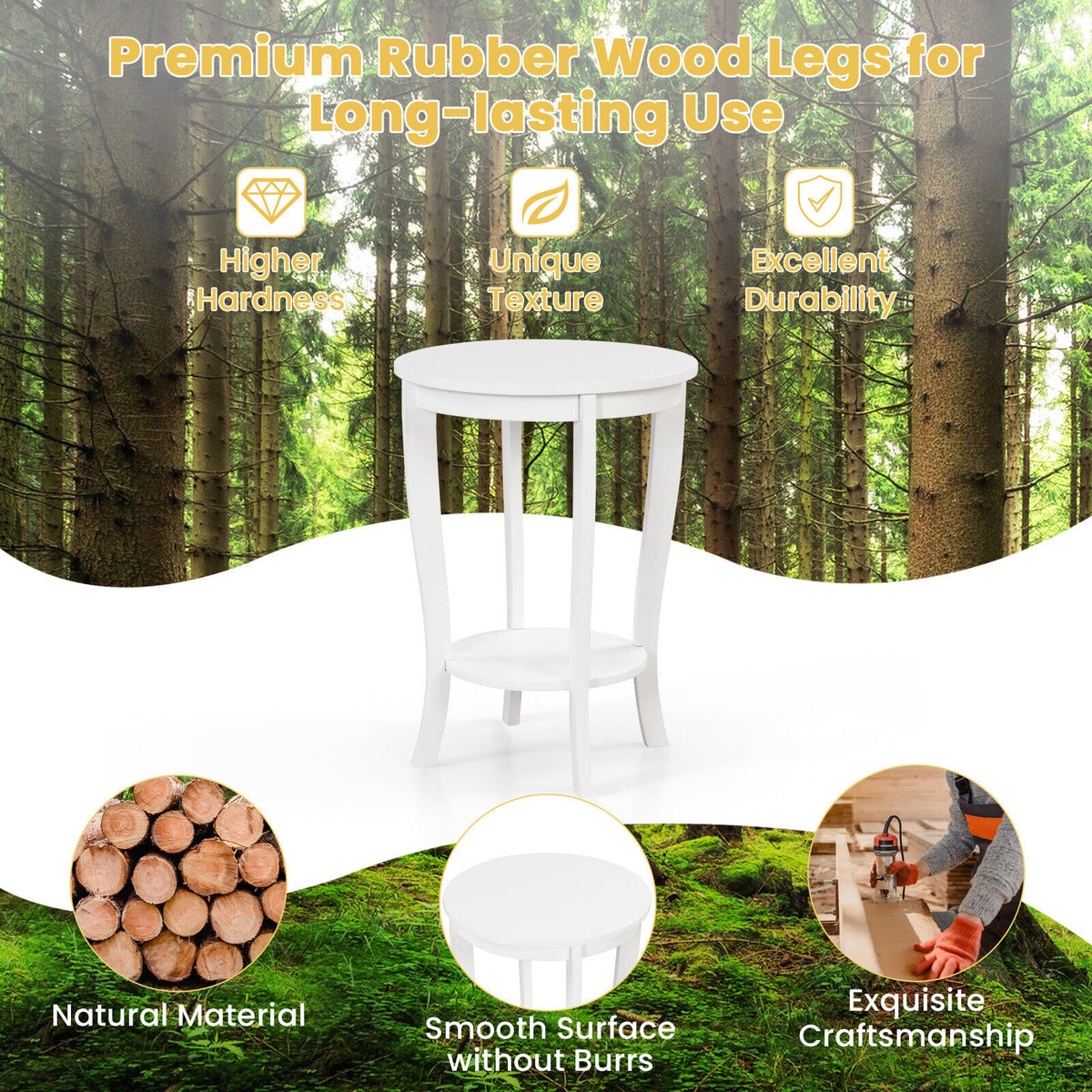 2-Tier Round End Table with Wood Legs, White