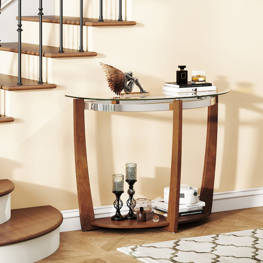 2-Tier Tempered Glass Console Table, Walnut