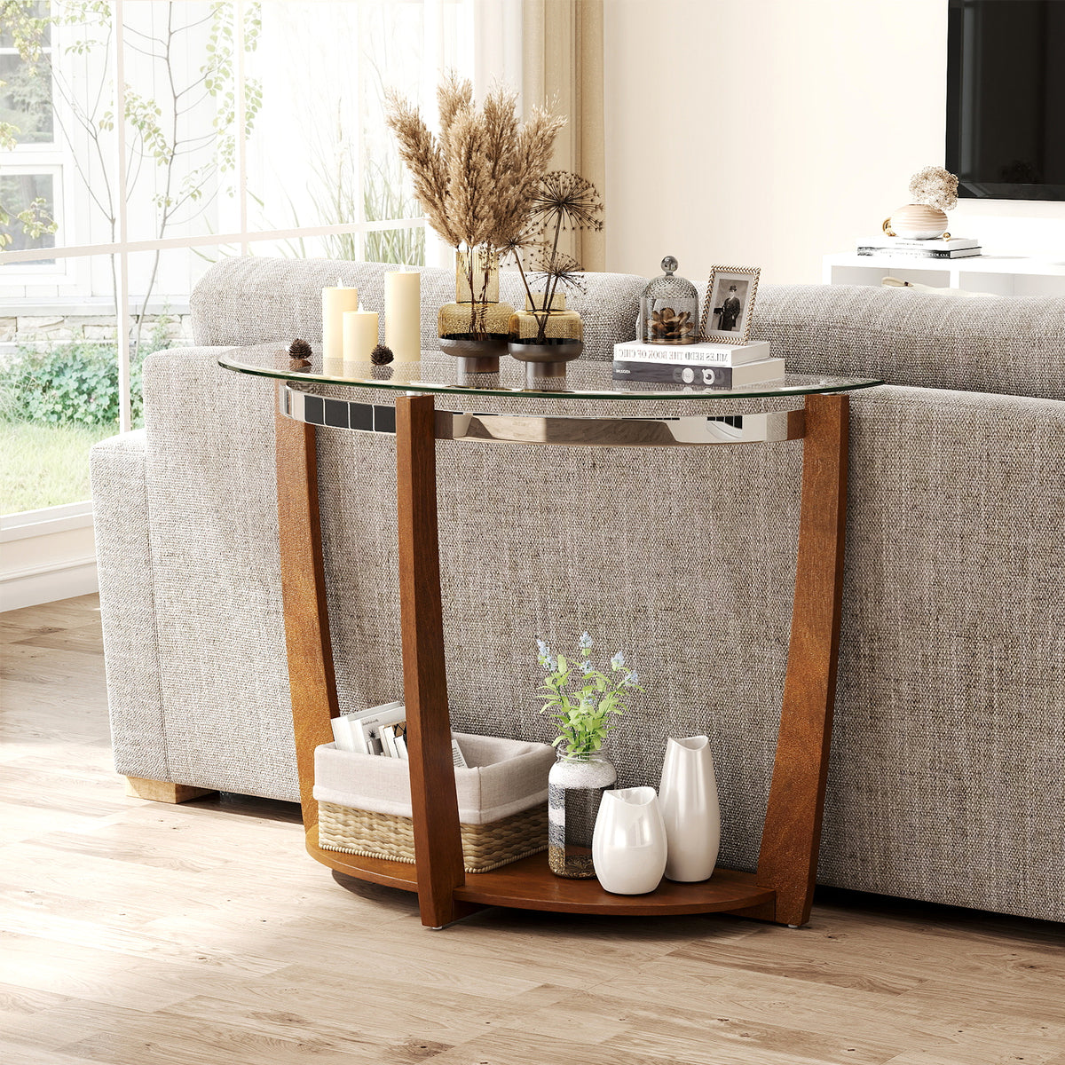 2-Tier Tempered Glass Console Table, Walnut