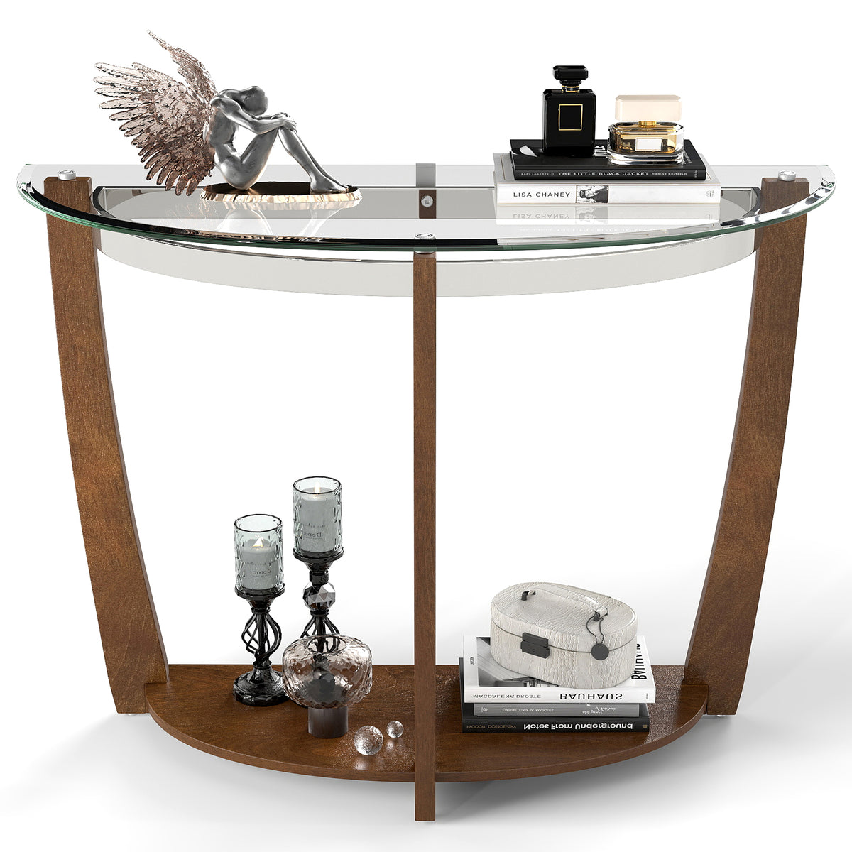 2-Tier Tempered Glass Console Table, Walnut