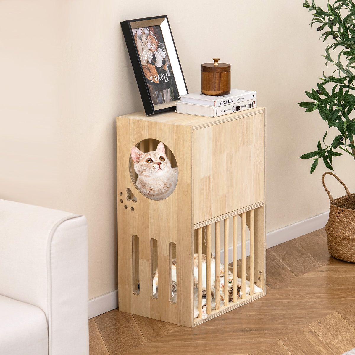 2-Tier Wooden Cat Condo with Removable Cushions - Symmetrical Indoor Cat House