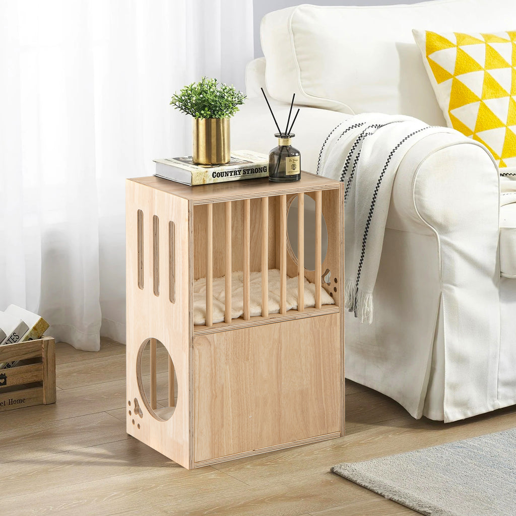2-Tier Wooden Cat Condo with Removable Cushions - Symmetrical Indoor Cat House