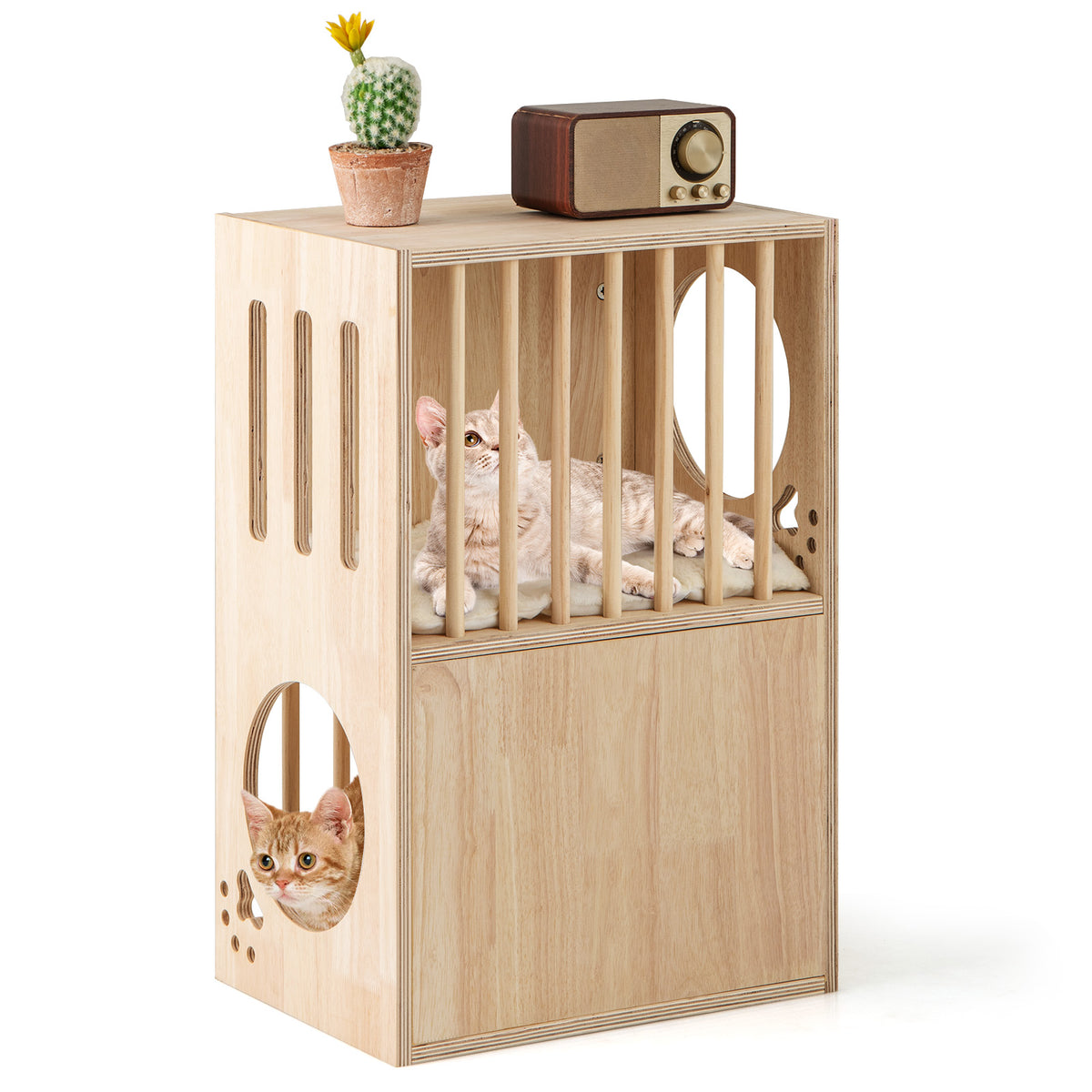 2-Tier Wooden Cat Condo with Removable Cushions - Symmetrical Indoor Cat House