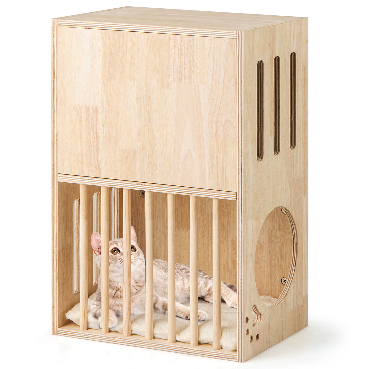 2-Tier Wooden Cat Condo with Removable Cushions - Symmetrical Indoor Cat House
