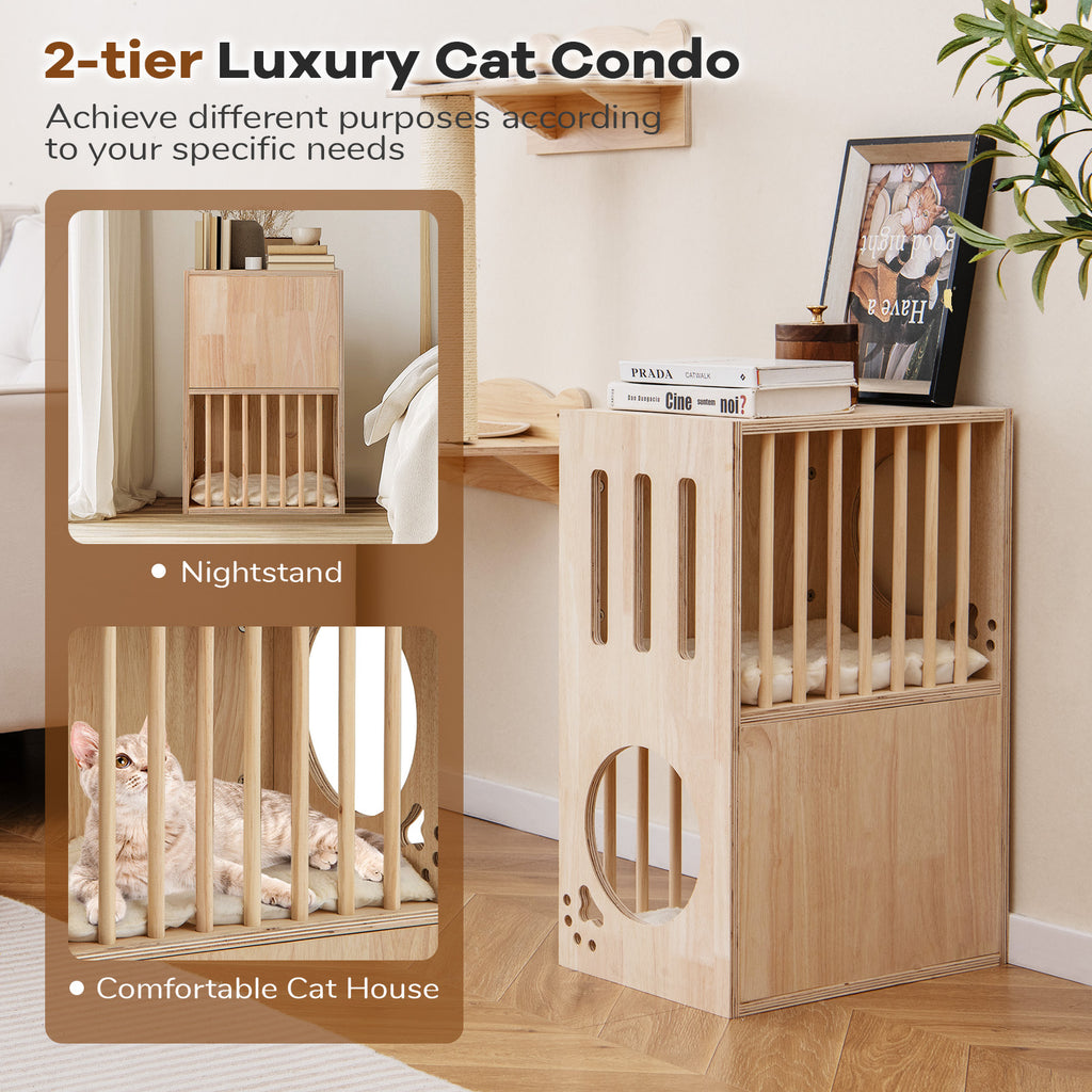 2-Tier Wooden Cat Condo with Removable Cushions - Symmetrical Indoor Cat House