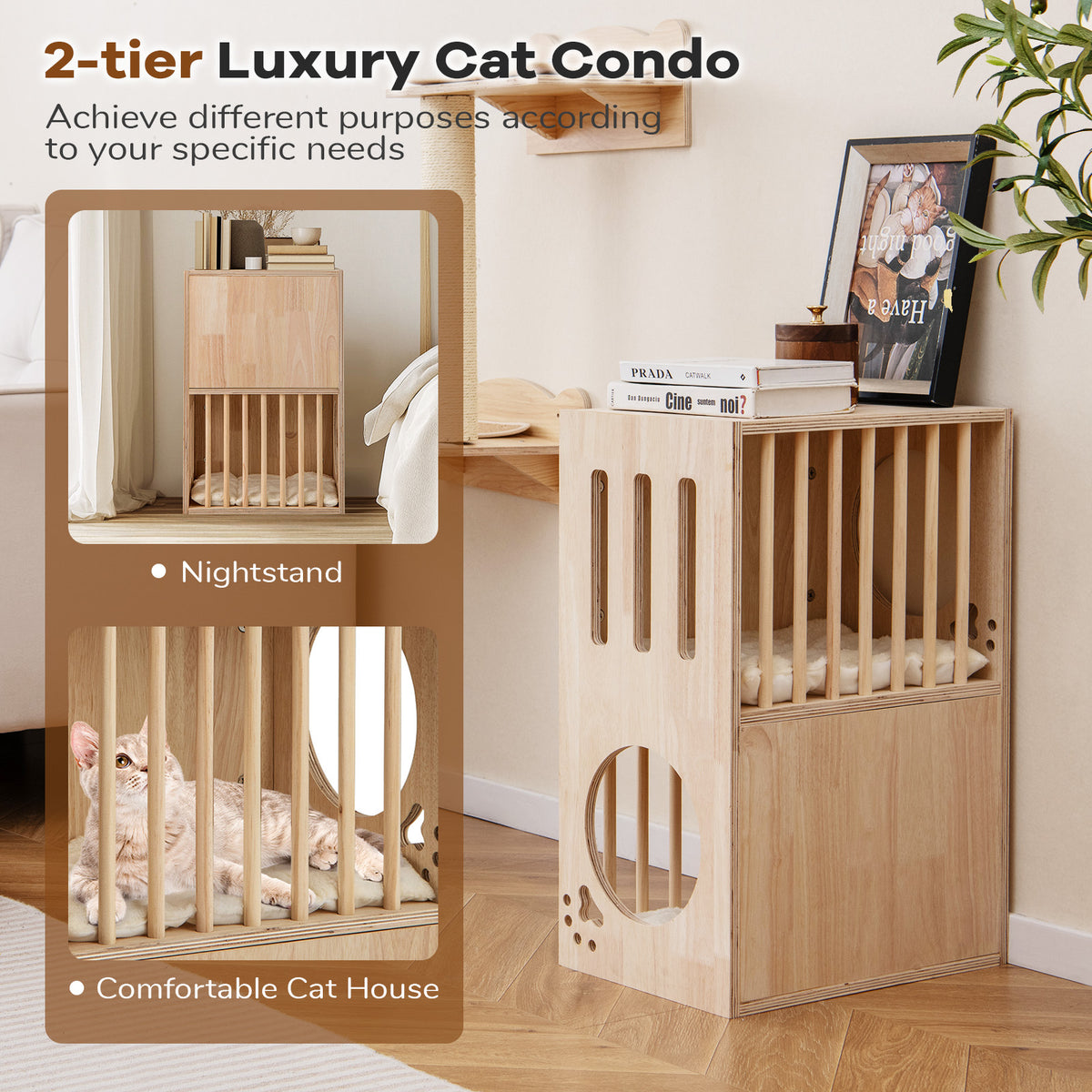 2-Tier Wooden Cat Condo with Removable Cushions - Symmetrical Indoor Cat House