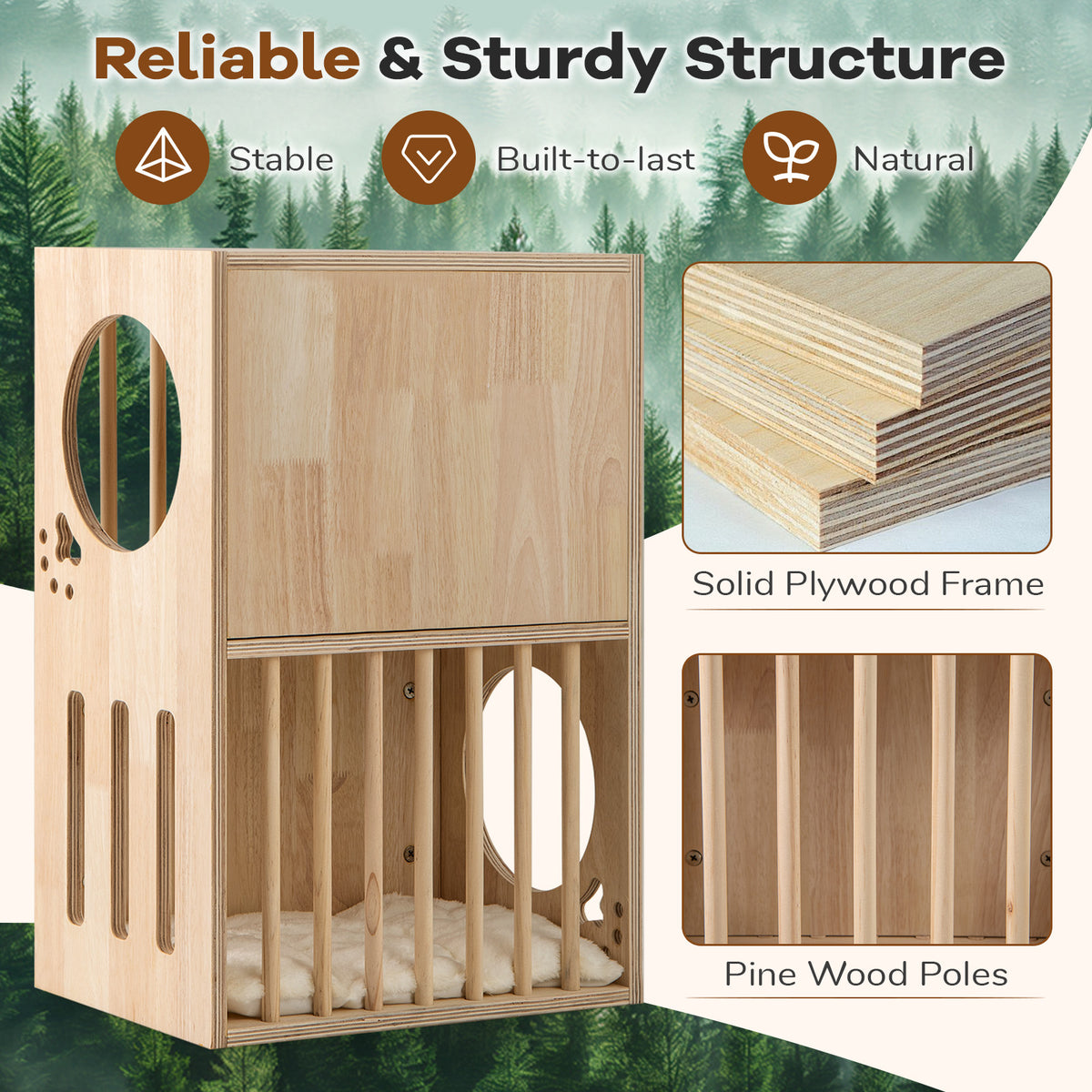 2-Tier Wooden Cat Condo with Removable Cushions - Symmetrical Indoor Cat House