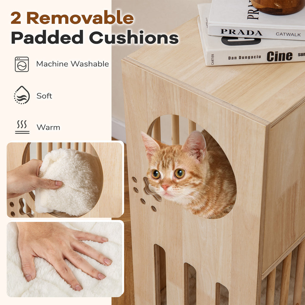 2-Tier Wooden Cat Condo with Removable Cushions - Symmetrical Indoor Cat House