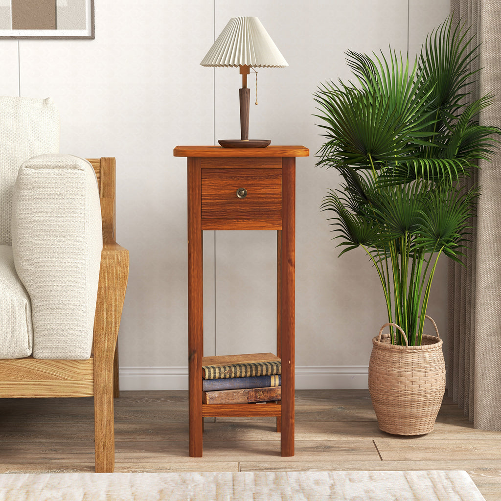 2 Tier Slim Nightstand with Drawer Shelf - Natural