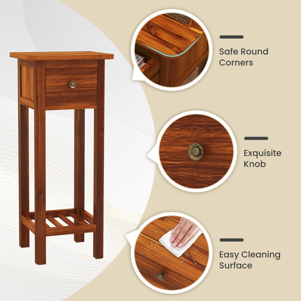 2 Tier Slim Nightstand with Drawer Shelf - Natural