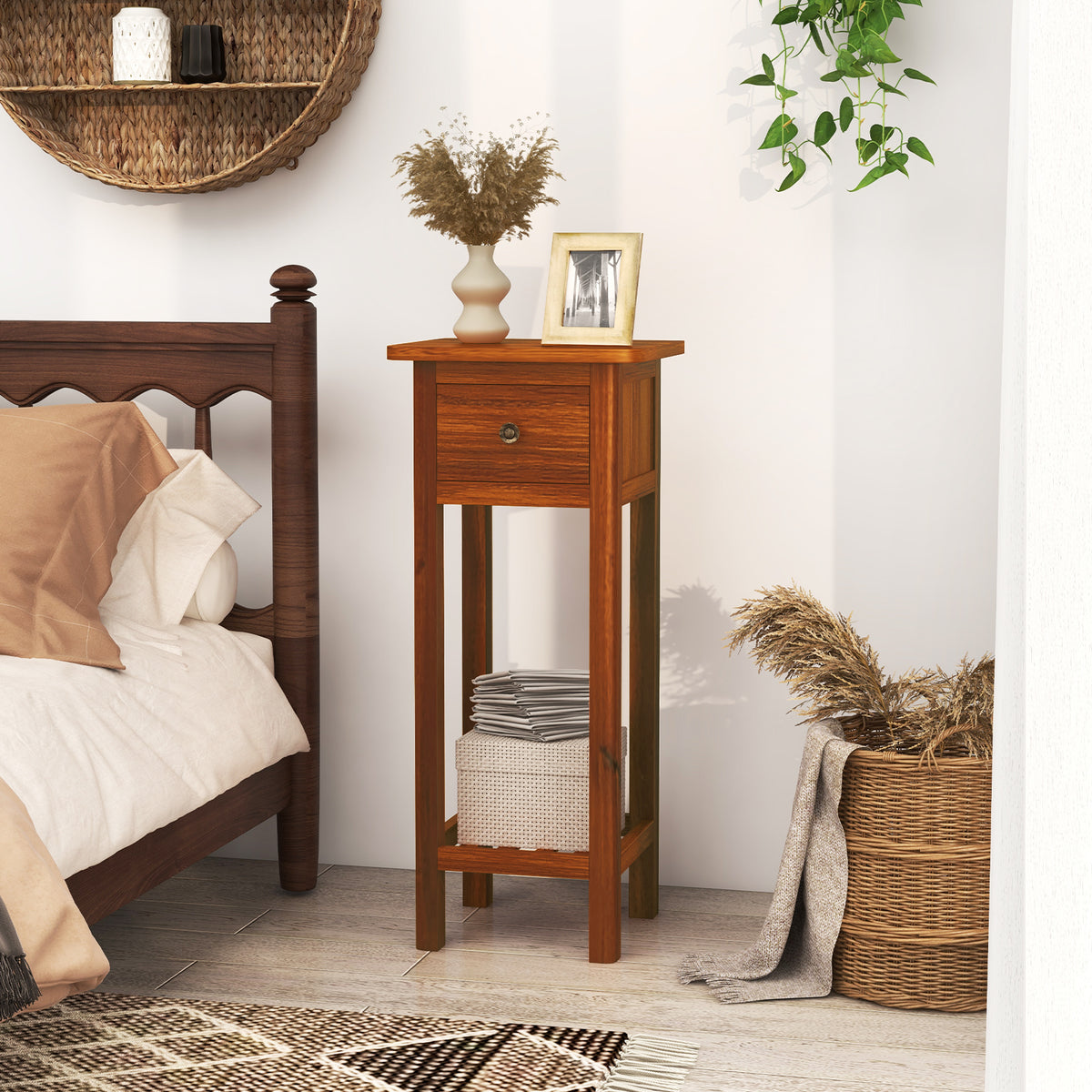 2 Tier Slim Nightstand with Drawer Shelf - Natural