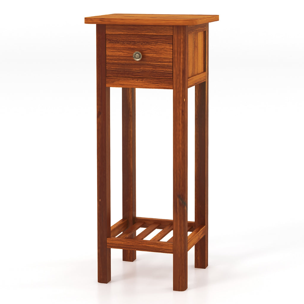 2 Tier Slim Nightstand with Drawer Shelf - Natural