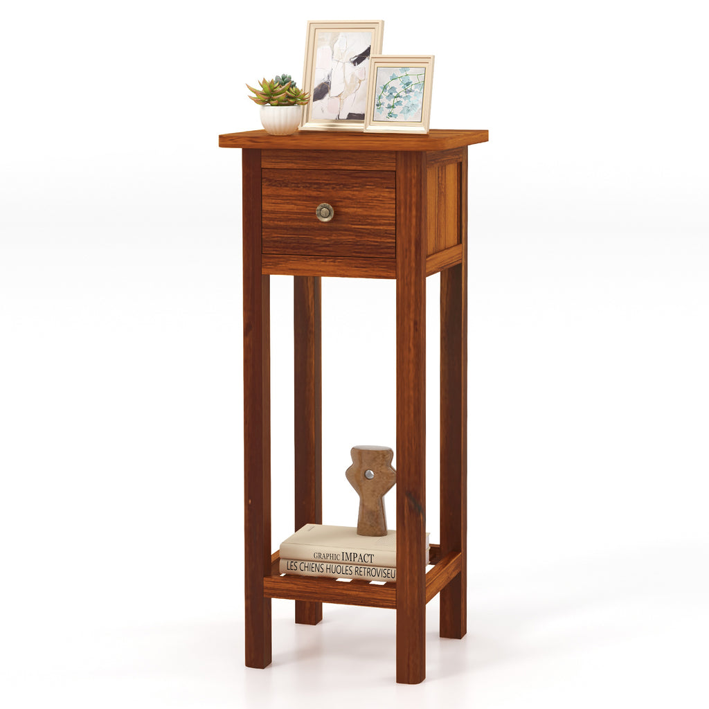2 Tier Slim Nightstand with Drawer Shelf - Natural