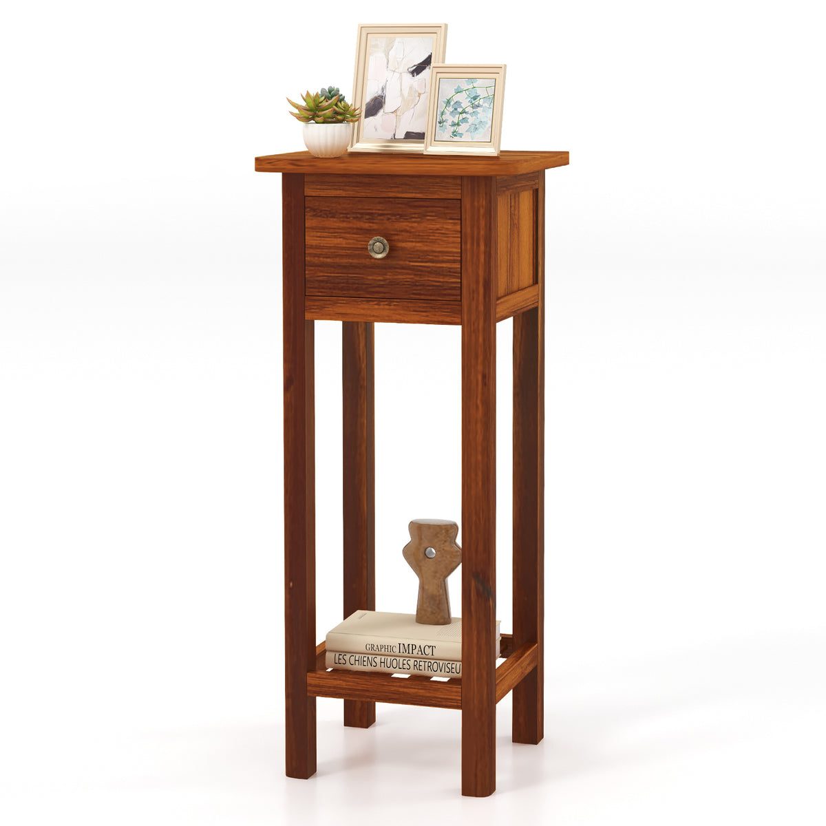 2 Tier Slim Nightstand with Drawer Shelf - Natural