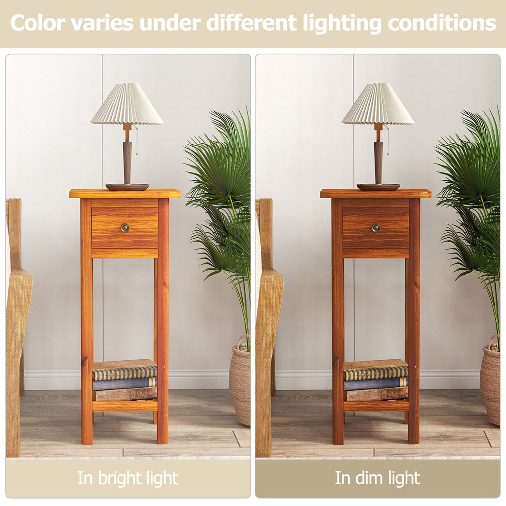 2 Tier Slim Nightstand with Drawer Shelf - Natural