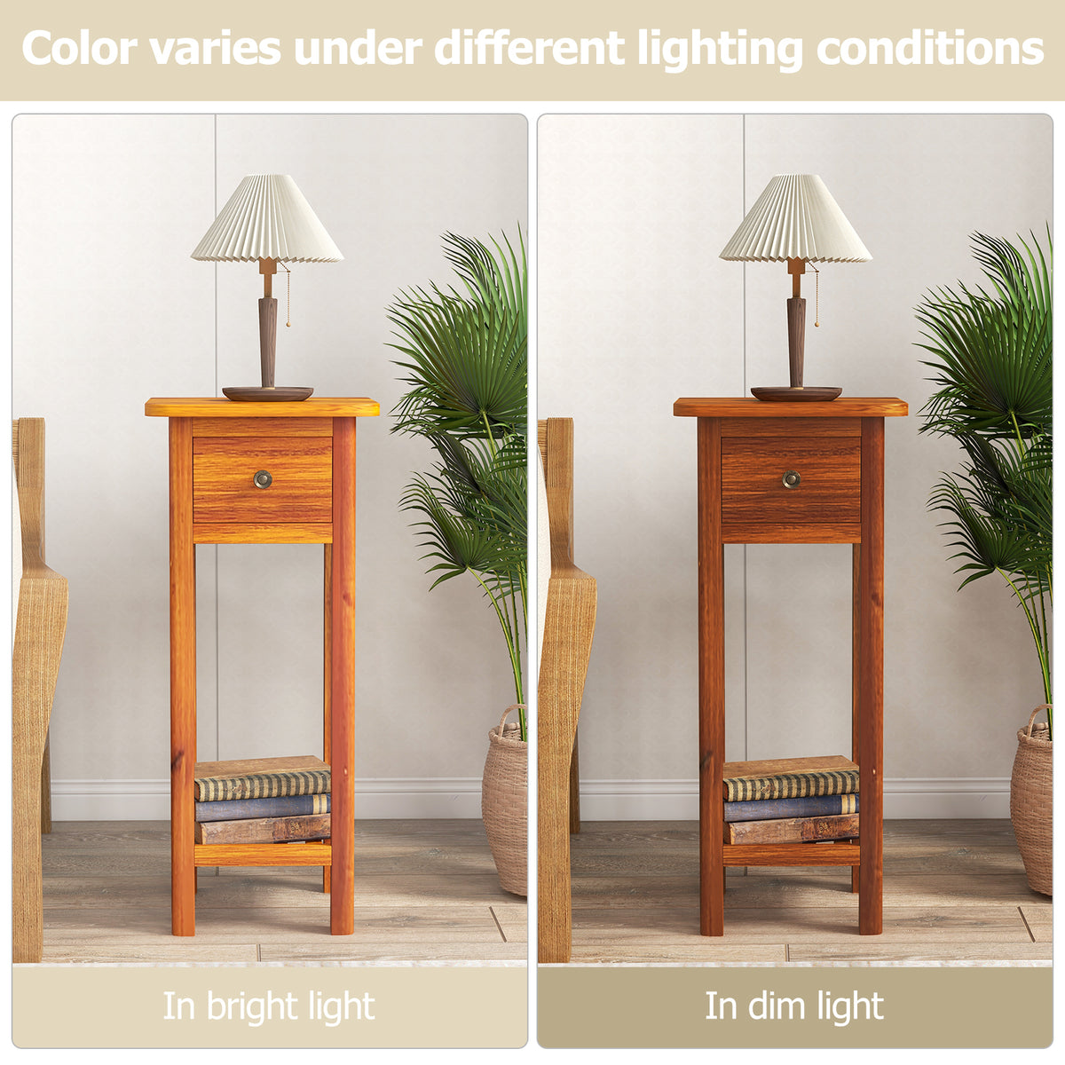2 Tier Slim Nightstand with Drawer Shelf - Natural