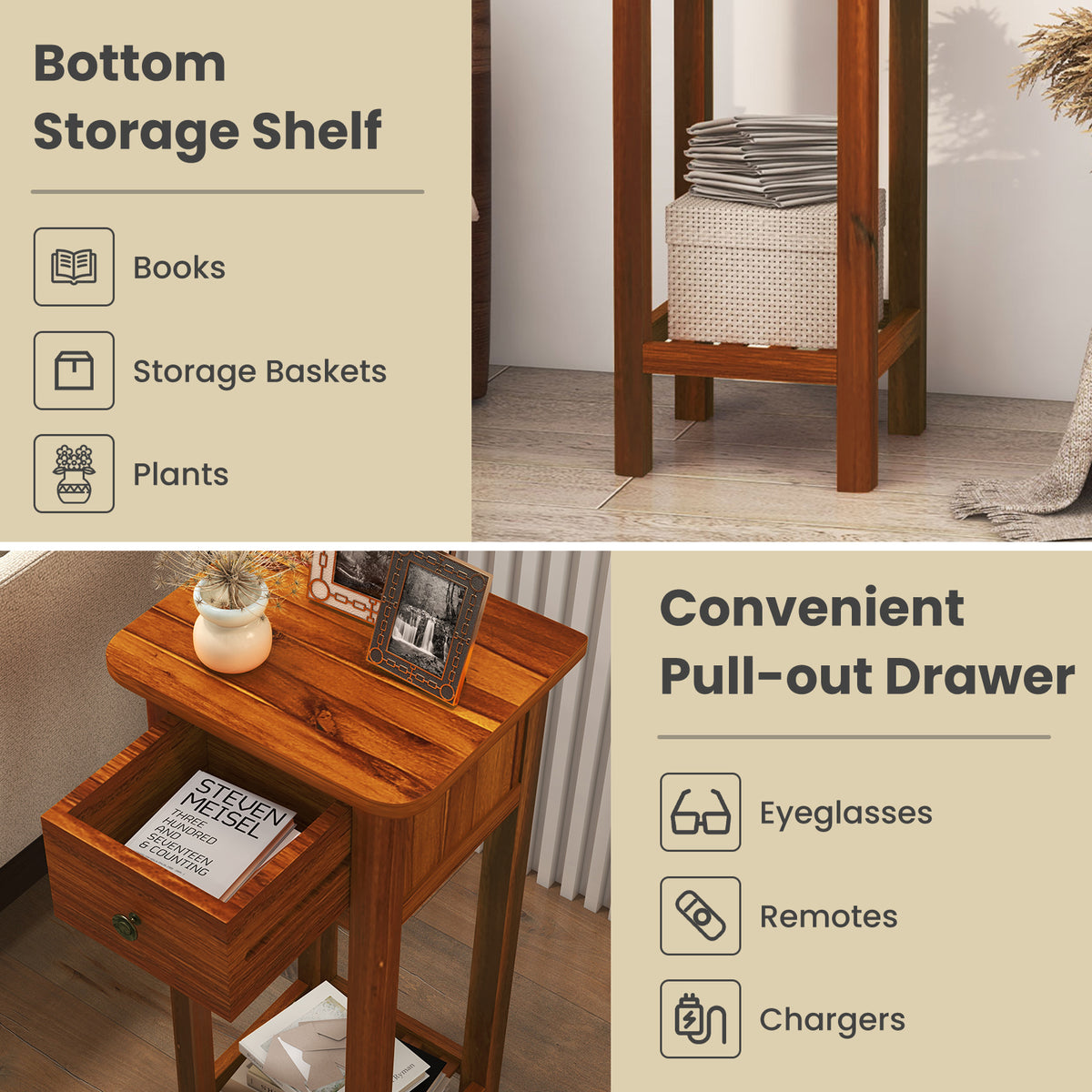 2 Tier Slim Nightstand with Drawer Shelf - Natural