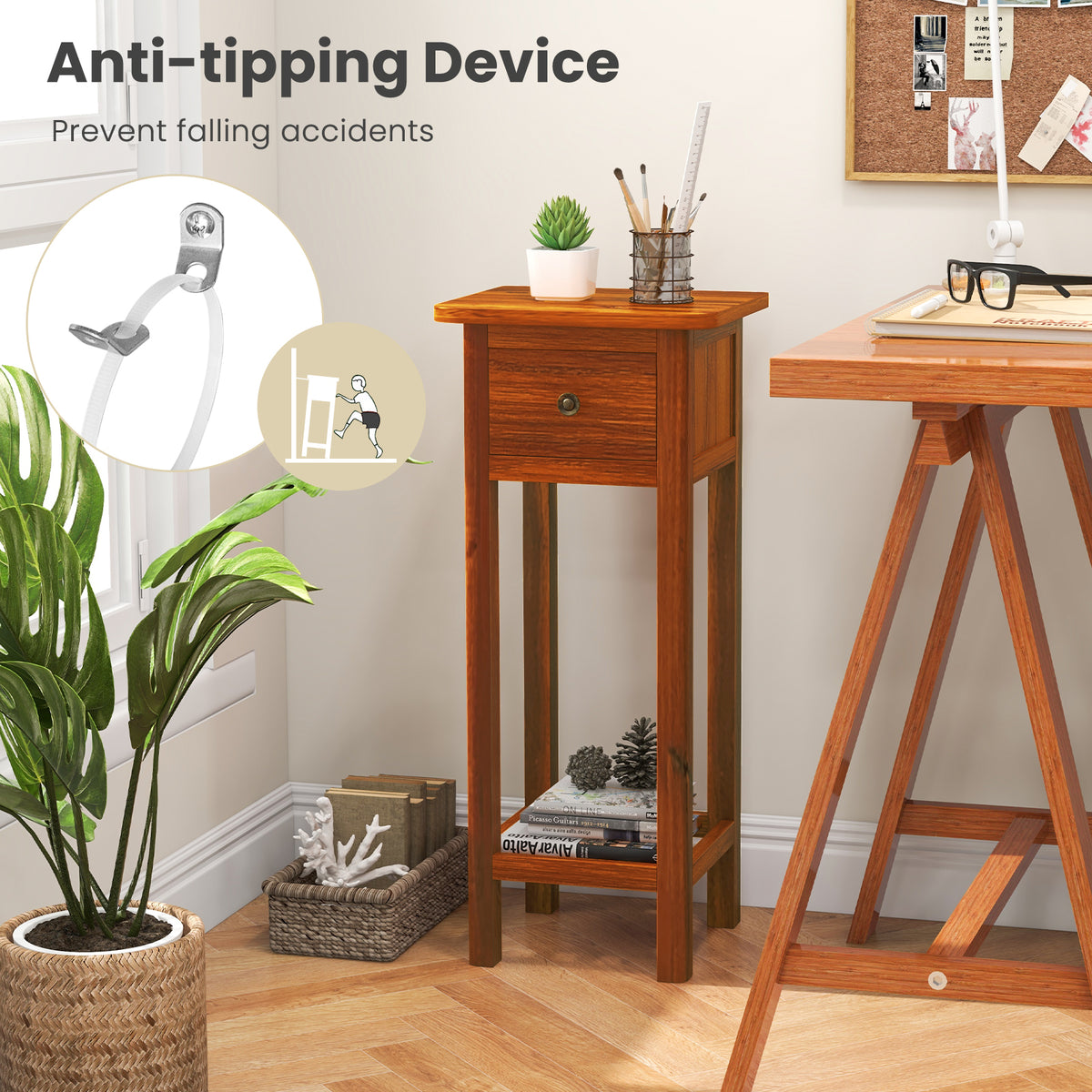 2 Tier Slim Nightstand with Drawer Shelf - Natural