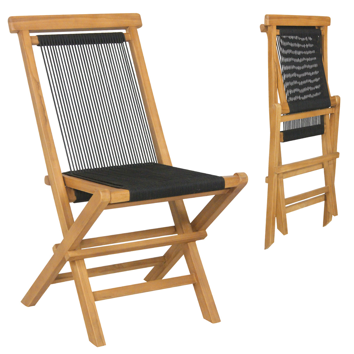 2 Piece Indonesia Teak Patio Folding Chairs with Woven Rope Seat and
