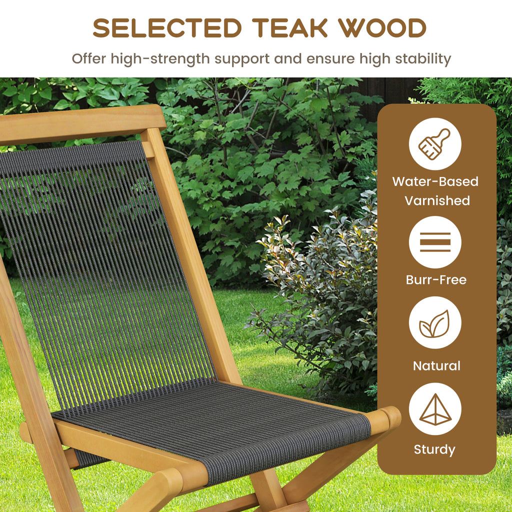 2 Piece Indonesia Teak Patio Folding Chairs with Woven Rope Seat and