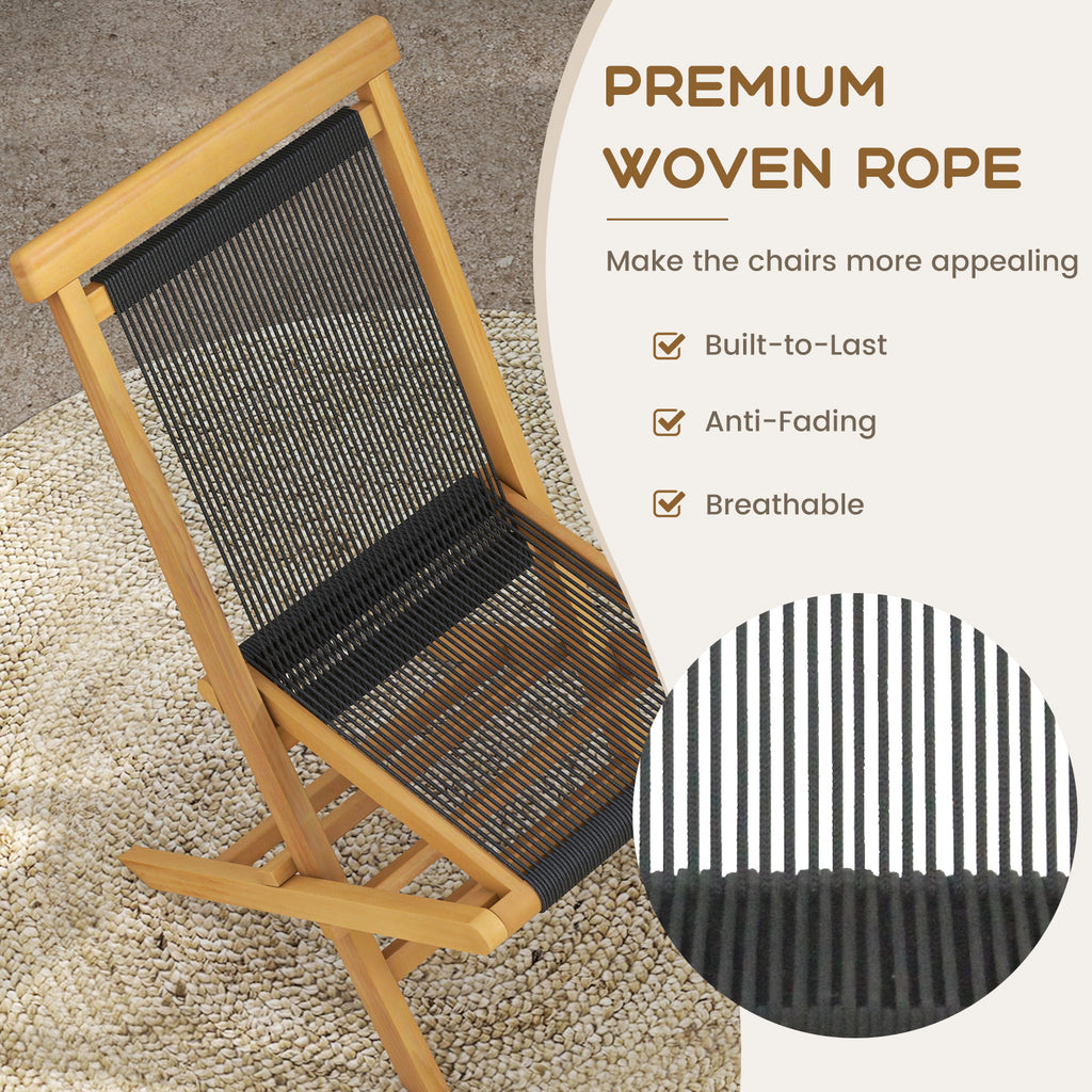 2 Piece Indonesia Teak Patio Folding Chairs with Woven Rope Seat and