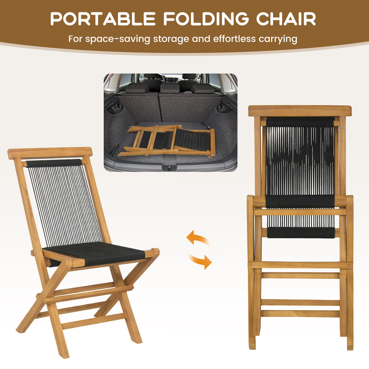 2 Piece Indonesia Teak Patio Folding Chairs with Woven Rope Seat and