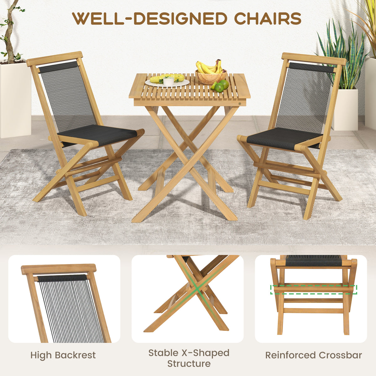 2 Piece Indonesia Teak Patio Folding Chairs with Woven Rope Seat and
