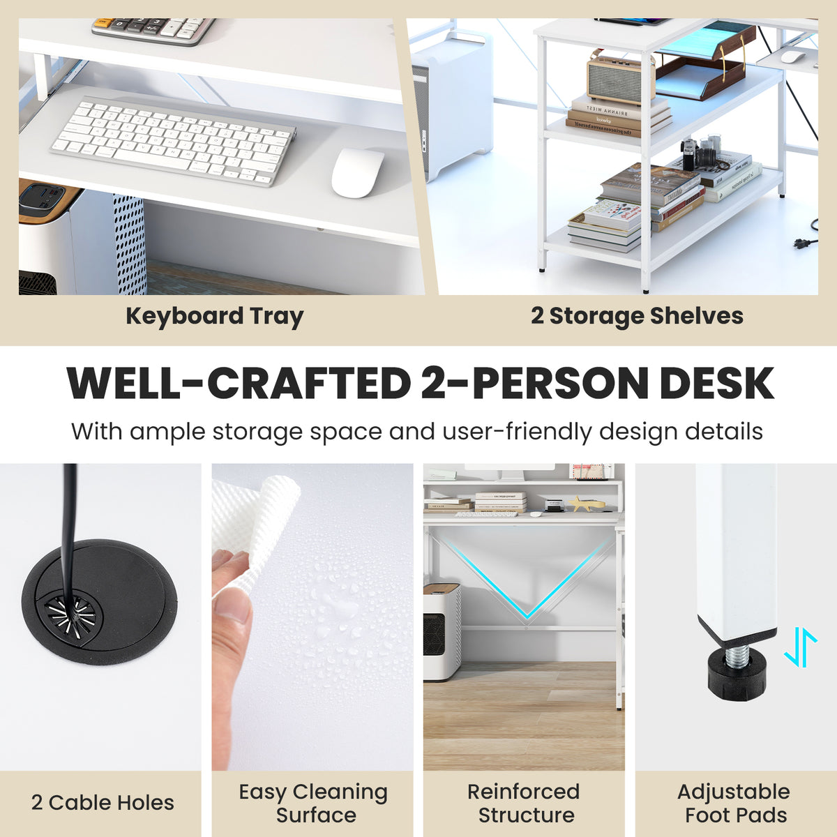2-Person Reversible Computer Desk with LED Lights - White