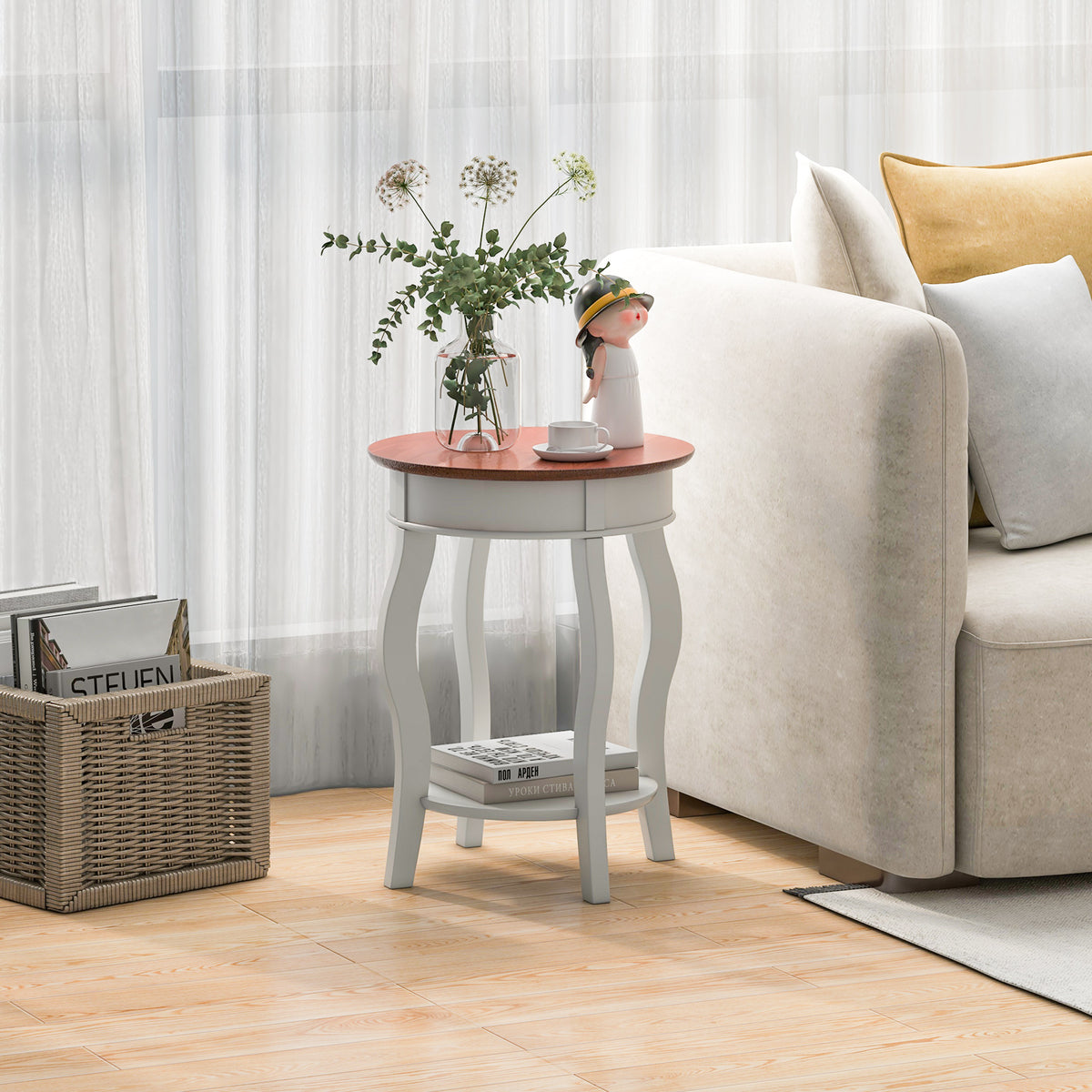 2-Tier Round End Table with Storage – Walnut & Gray