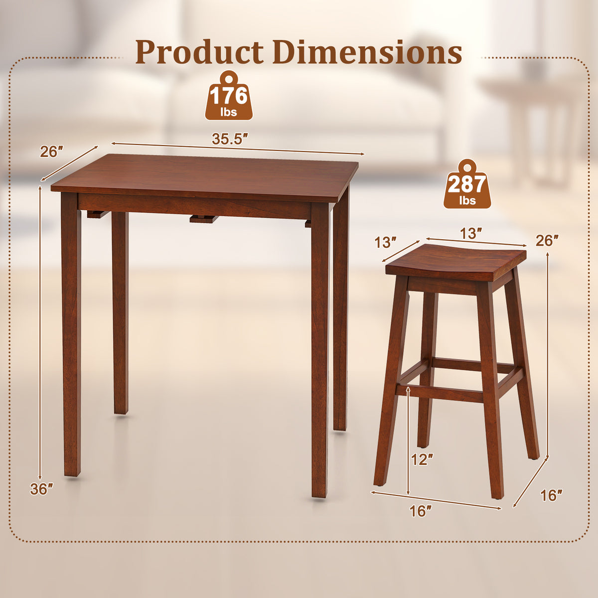 3-Piece Bar Table Set with Saddle Stools, Espresso