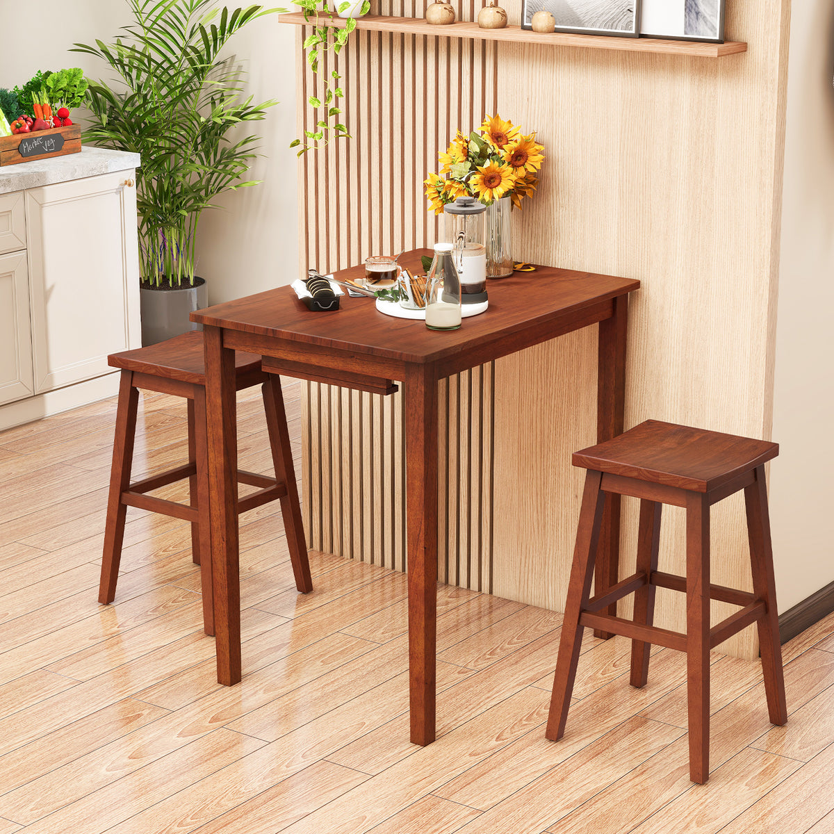 3-Piece Bar Table Set with Pub Table and 2 Saddle Stools – Espresso