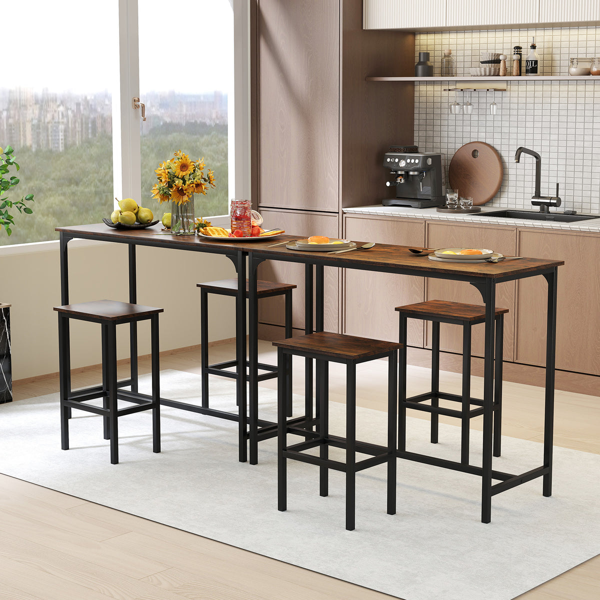 Industrial Counter-Height Dining Table & 2 Stools - Coffee