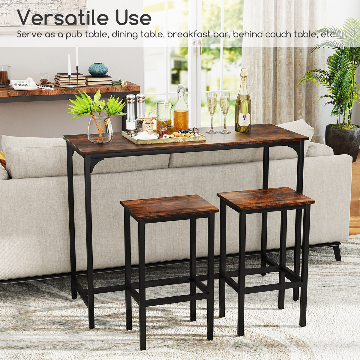 Industrial Counter-Height Dining Table & 2 Stools - Coffee