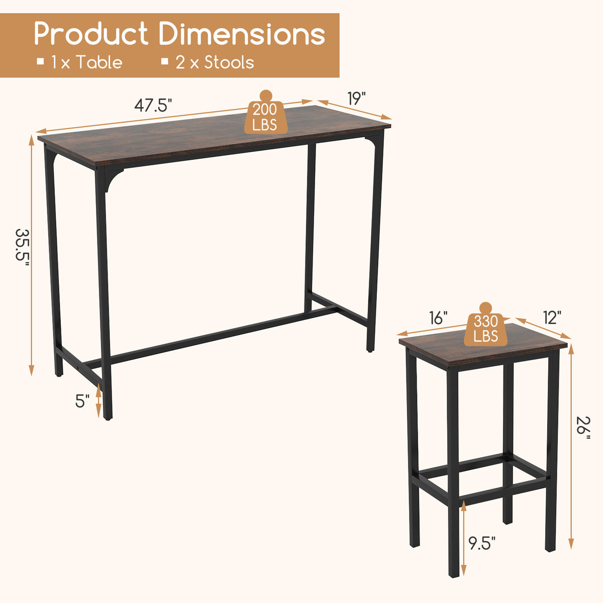 Industrial Counter-Height Dining Table & 2 Stools - Coffee
