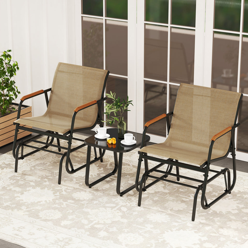 3-Piece Outdoor Glider Bistro Set with Tempered Glass Top - Coffee