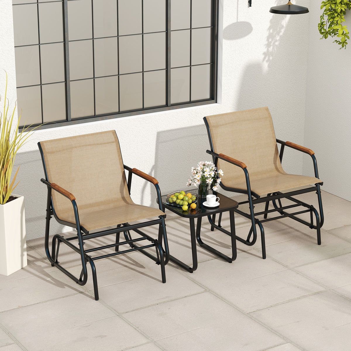 3-Piece Outdoor Glider Bistro Set with Tempered Glass Top - Coffee