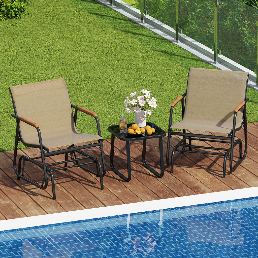 3-Piece Outdoor Glider Bistro Set with Tempered Glass Top - Coffee