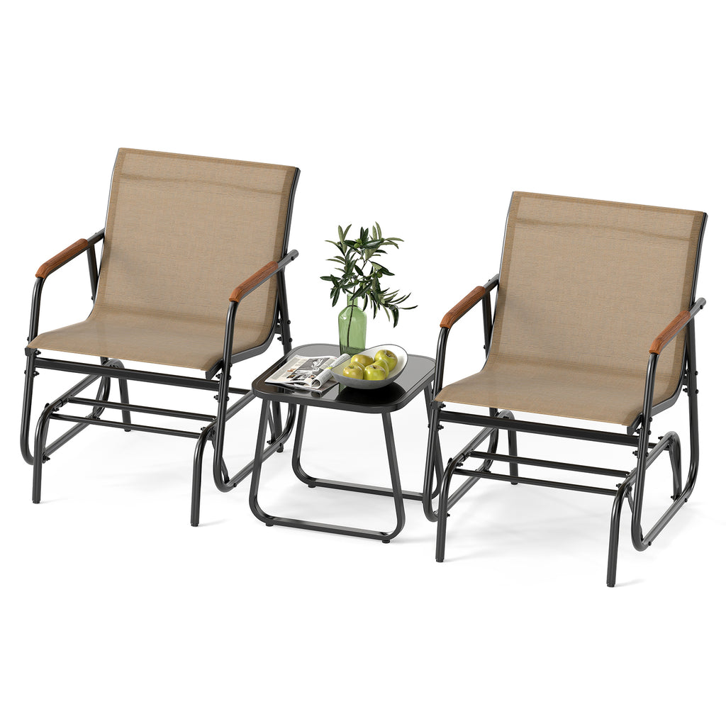 3-Piece Outdoor Glider Bistro Set with Tempered Glass Top - Coffee