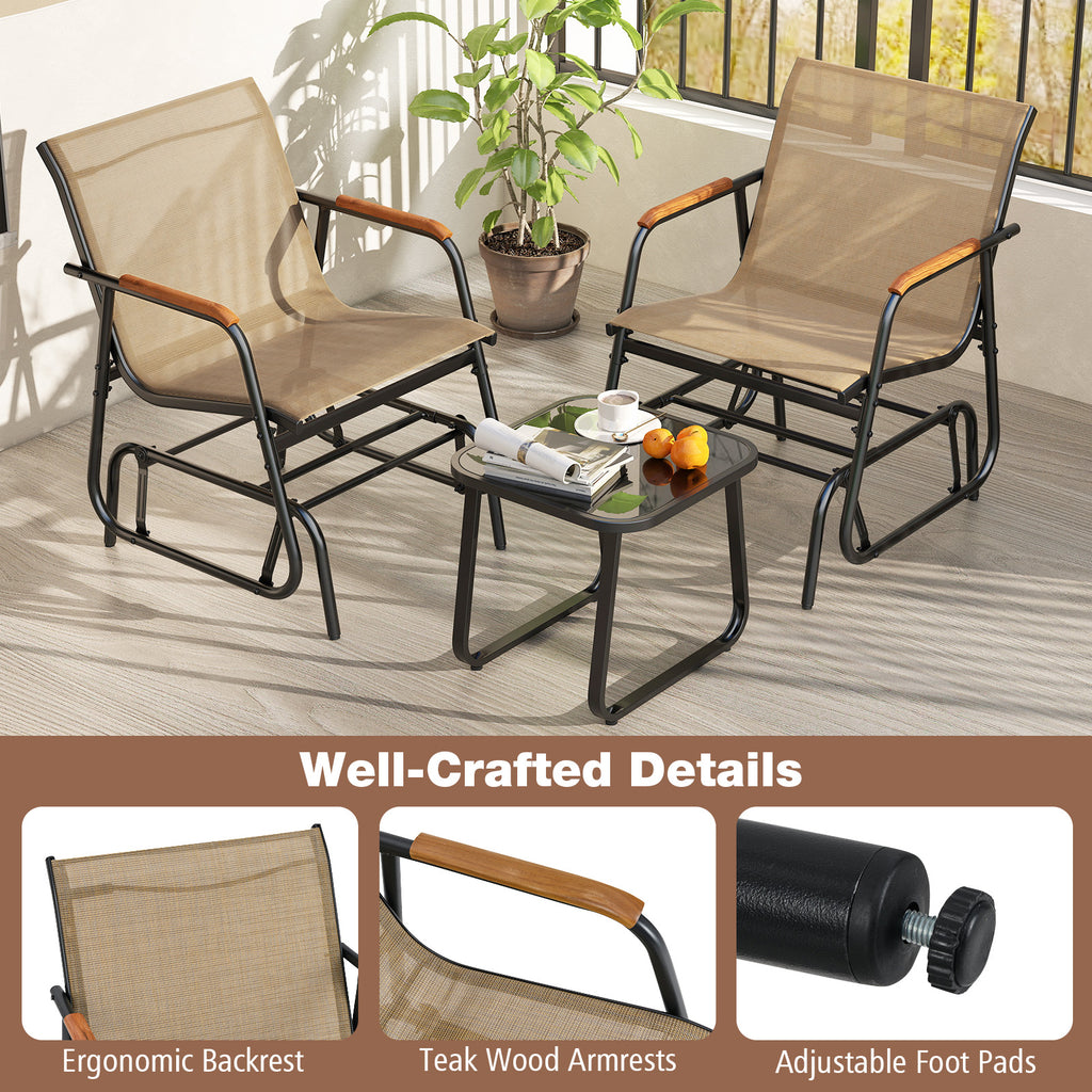 3-Piece Outdoor Glider Bistro Set with Tempered Glass Top - Coffee