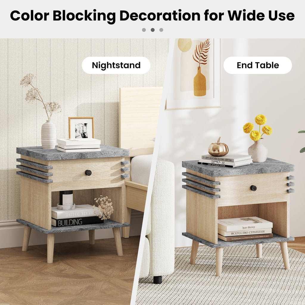 3-Tier Bedside Table Nightstand with Antique Grey Faux Marble Top