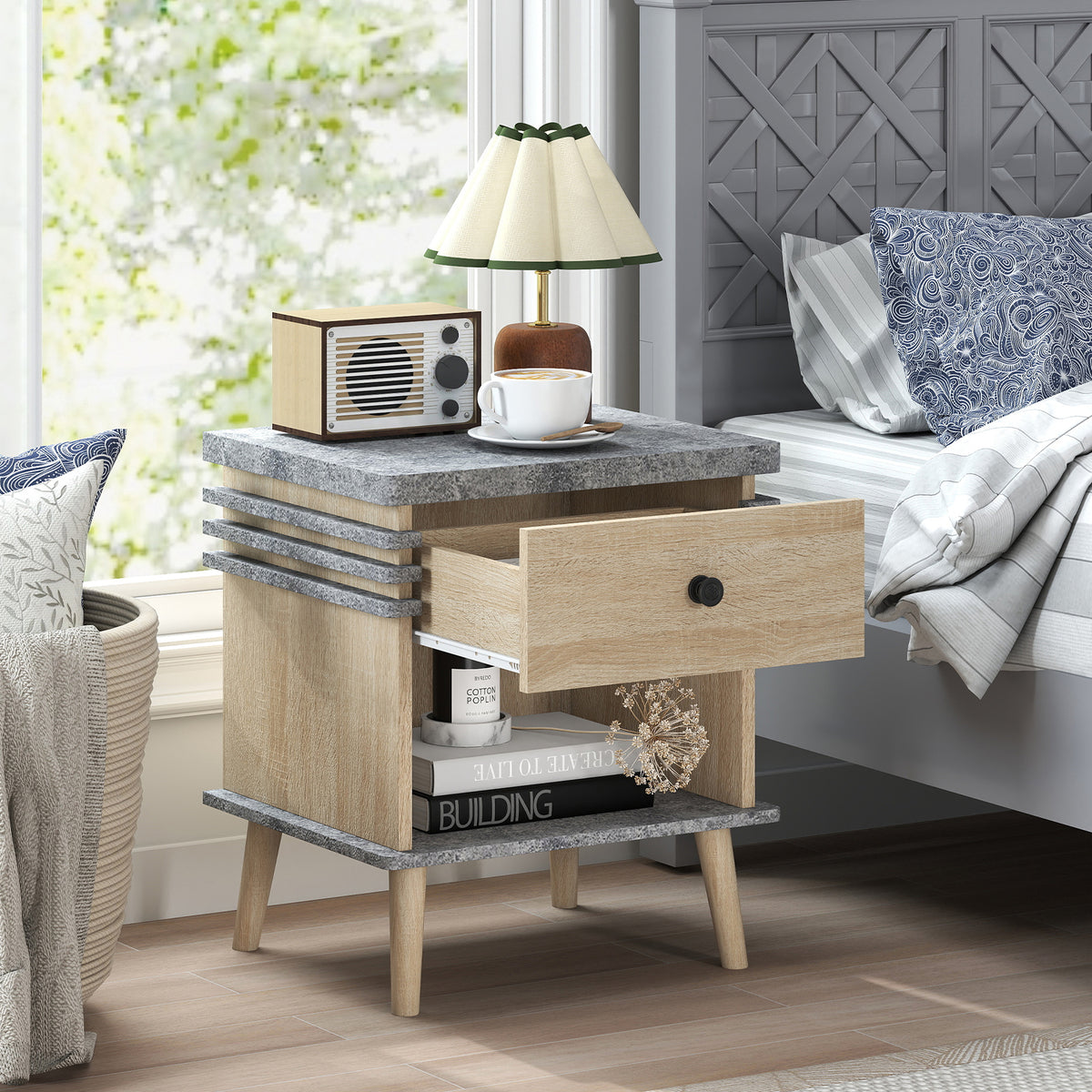 3-Tier Bedside Table Nightstand with Antique Grey Faux Marble Top