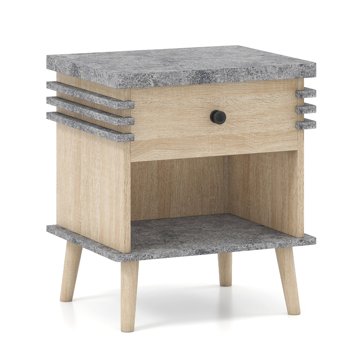 3-Tier Bedside Table Nightstand with Antique Grey Faux Marble Top